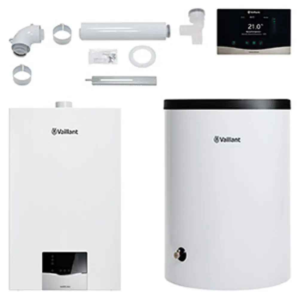 Vaillant Heizungsanlage bestehend aus einem weißen Heizgerät, einem Warmwasserspeicher, einem Thermostat und verschiedenen Montagematerialien.